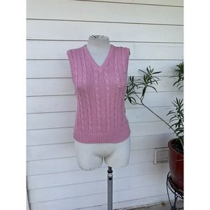 Vintage 90s Pink Cable Knit V-Neck Women Knit Sweater Vest Checkmate argyle
